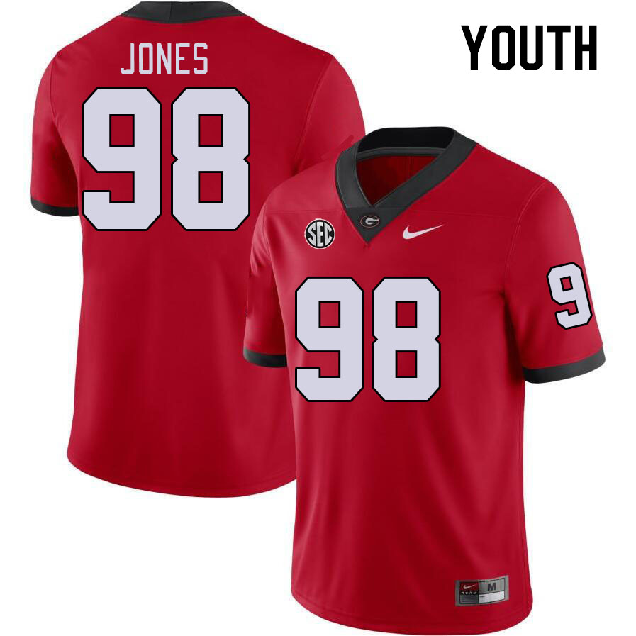 Georgia Bulldogs Youth Noah Jones #98 Red Stitched College UGA Football Jersey 23FF013ZH